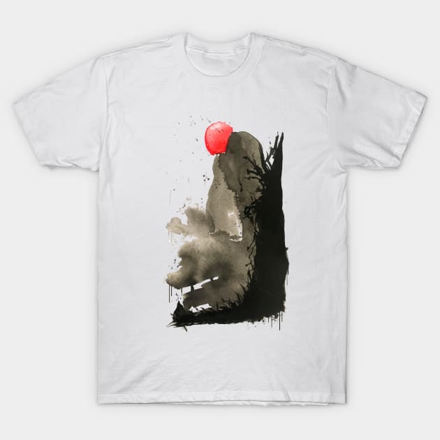 Japanese ink painting of mounting and red sun T-Shirt by Elemesca